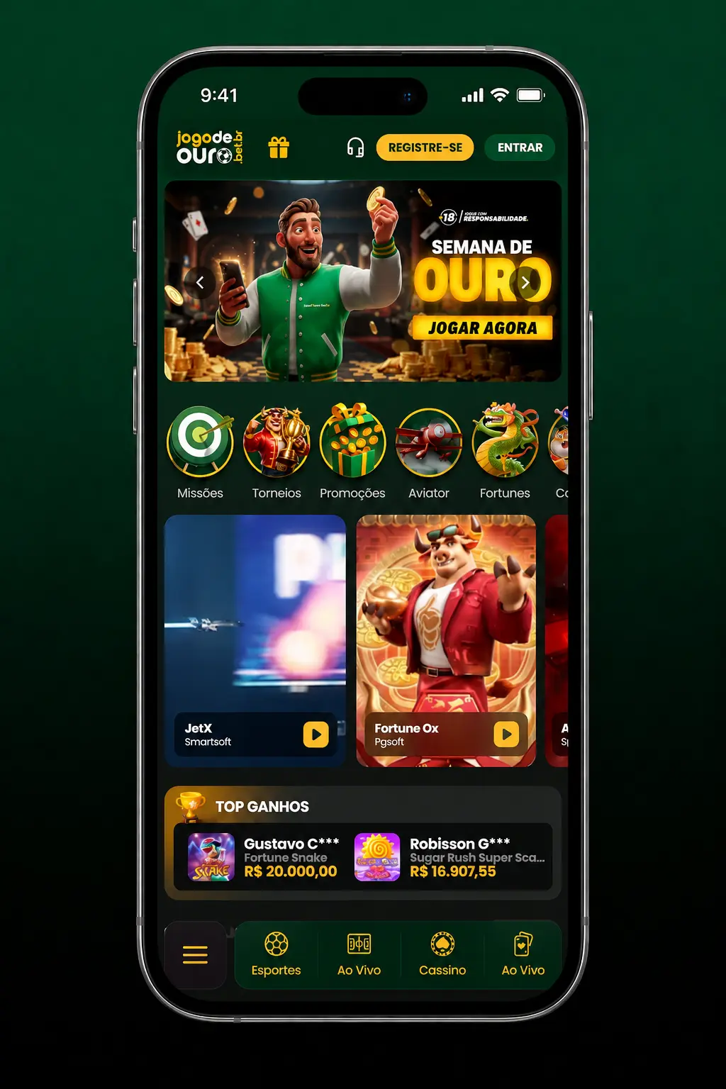 Passo a passo de login no Jogo de Ouro com opções de e-mail, telefone ou rede social para acessar a conta