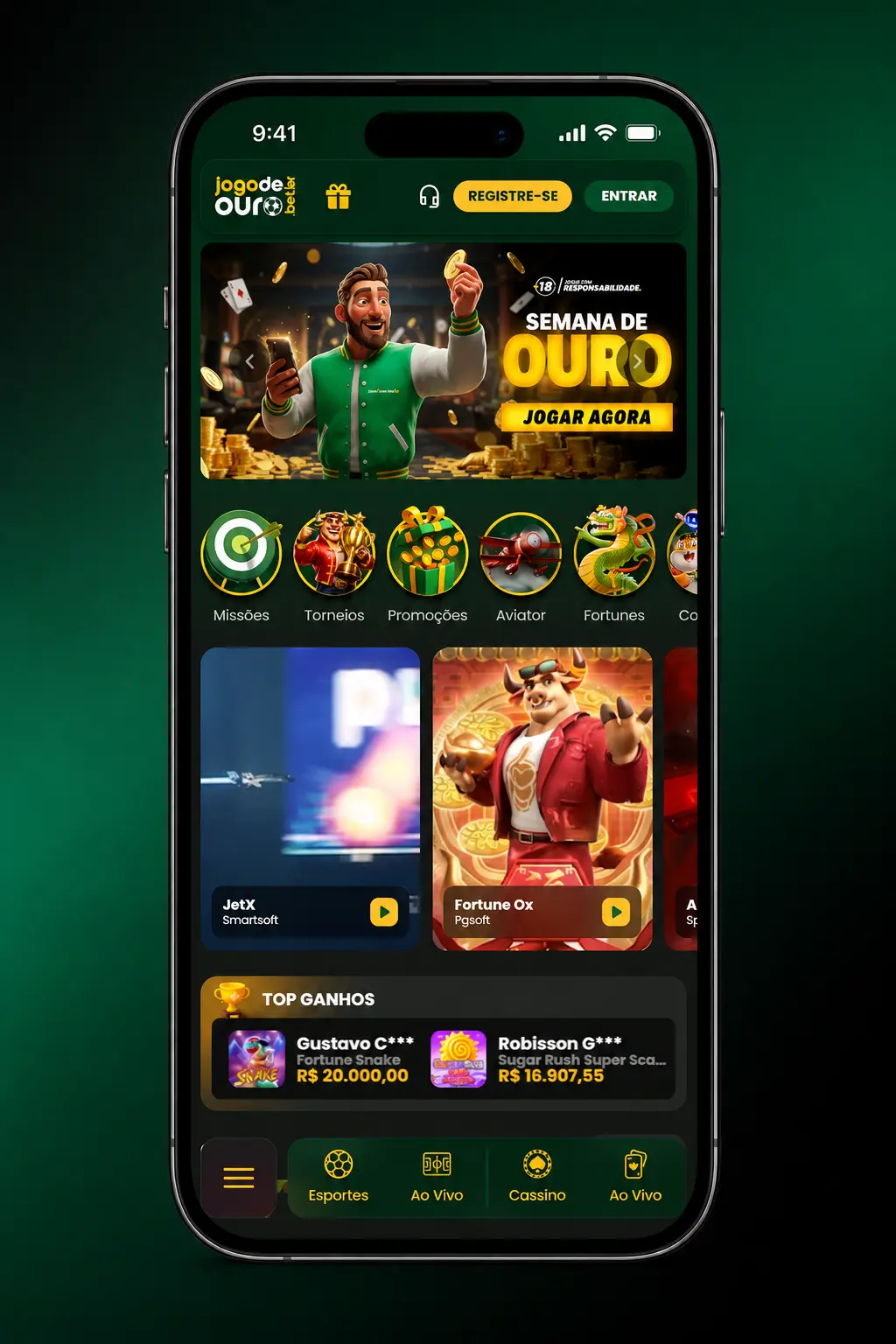 Tela de login do aplicativo Jogo de Ouro com campos de e-mail, senha e opções de biometria no smartphone