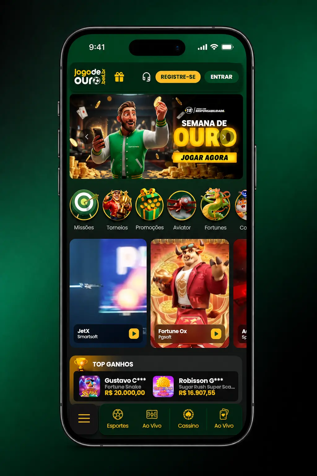 Tela de login do aplicativo Jogo de Ouro com campos de e-mail, senha e opções de biometria