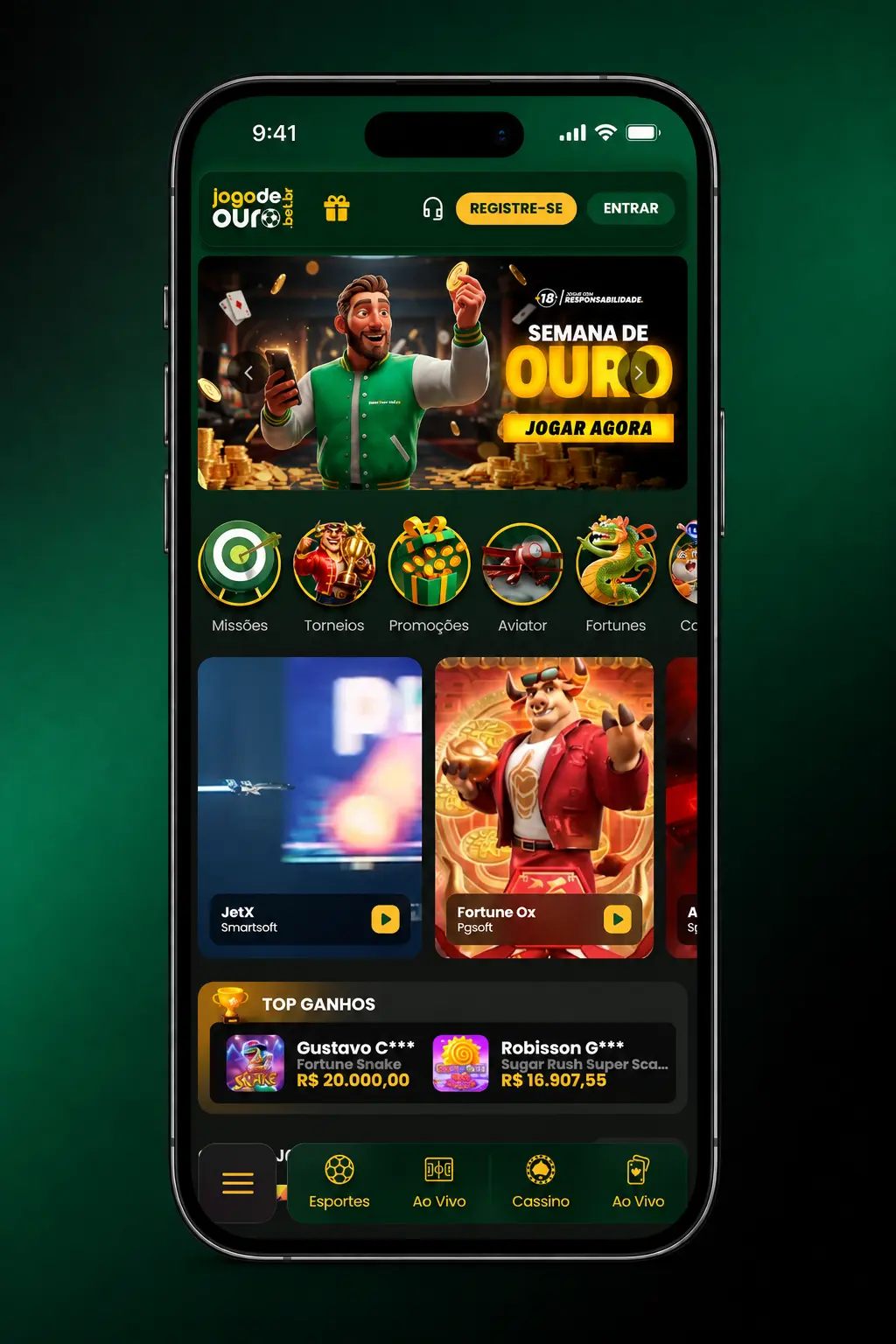 Tela de login do aplicativo Jogo de Ouro com campos de e-mail, senha e opções de biometria