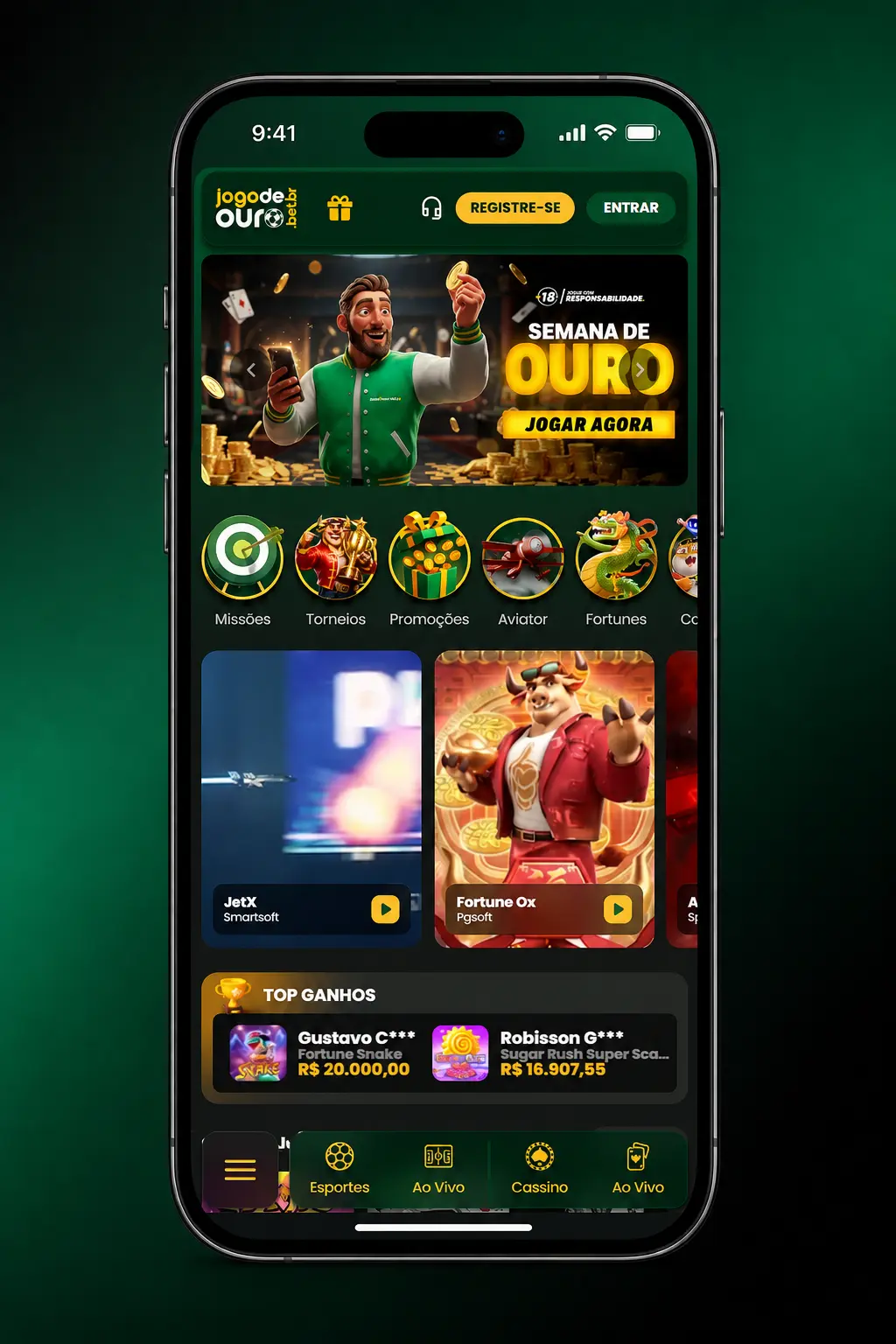 Tela de login do aplicativo Jogo de Ouro com campos de e-mail, senha e opções de biometria no Android e iOS