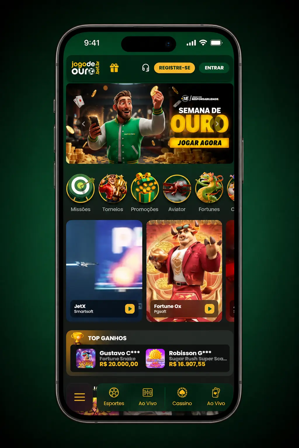 Tela do app Jogo de Ouro mostrando o processo de saque via Pix, com campos para chave Pix e valor entre R$20 e R$10.000